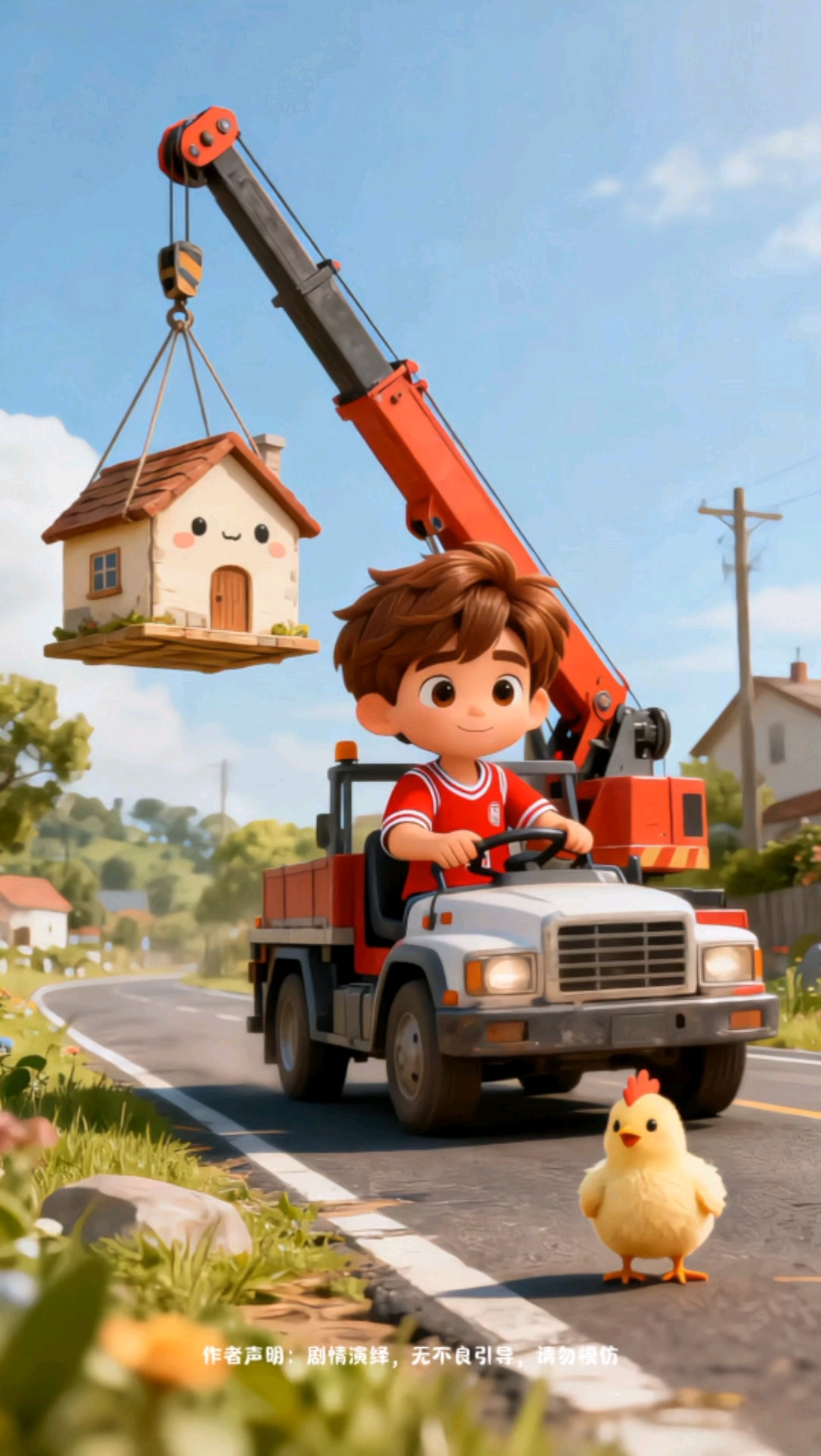小男孩帮助小鸡回家