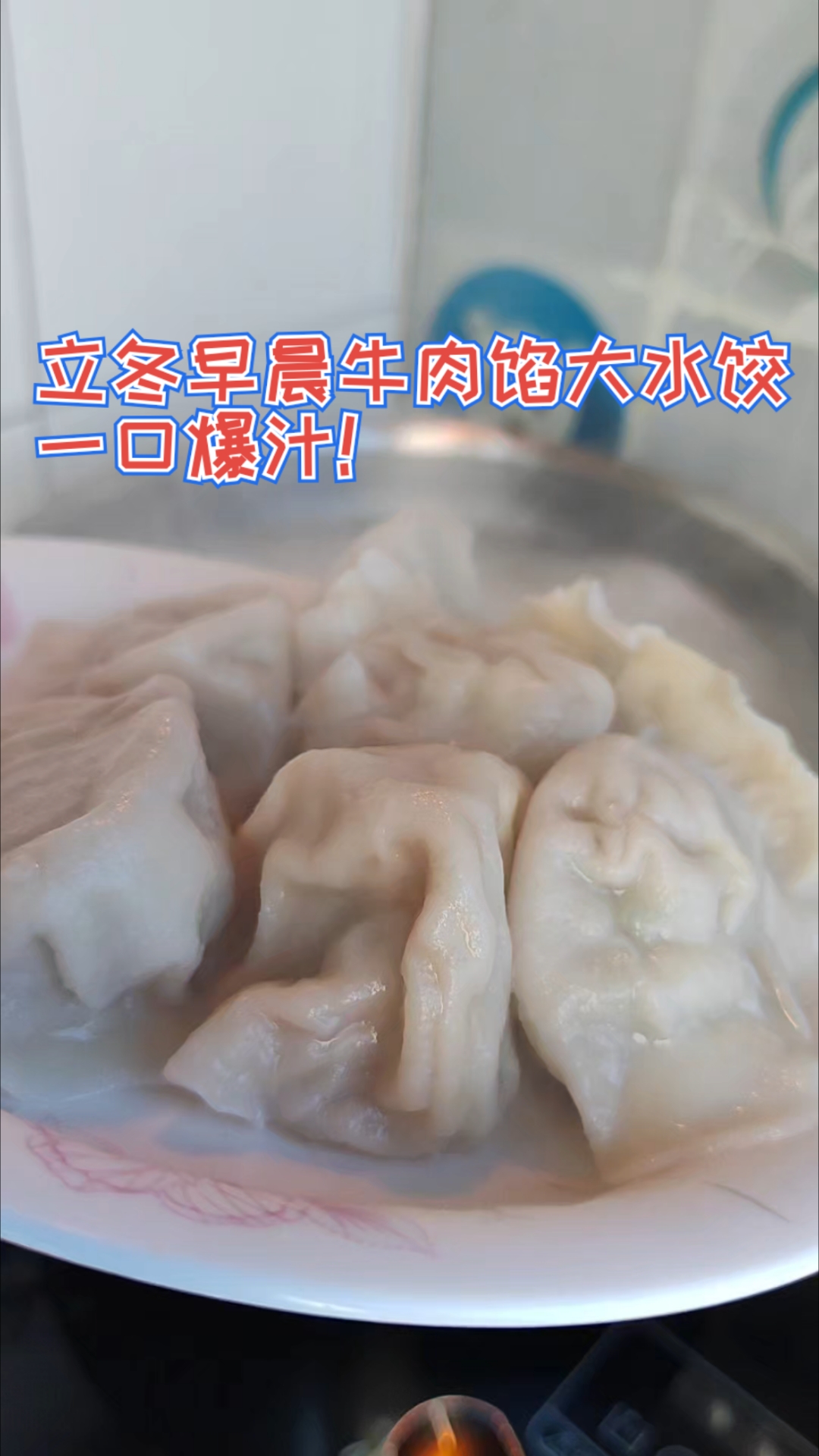立冬早晨胖嘟嘟大水饺，热腾腾牛肉萝卜馅一口咬下汤汁四溢太好吃