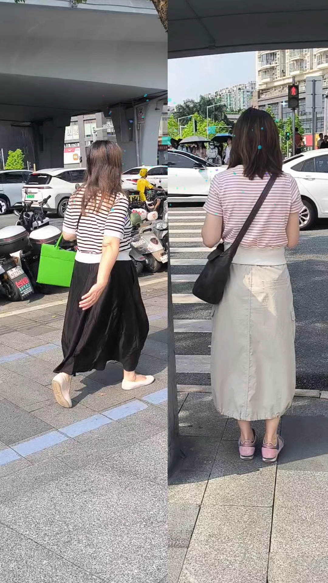 这两种条纹体恤和半身裙的搭配好看吗?感觉条纹体恤的款式很重要