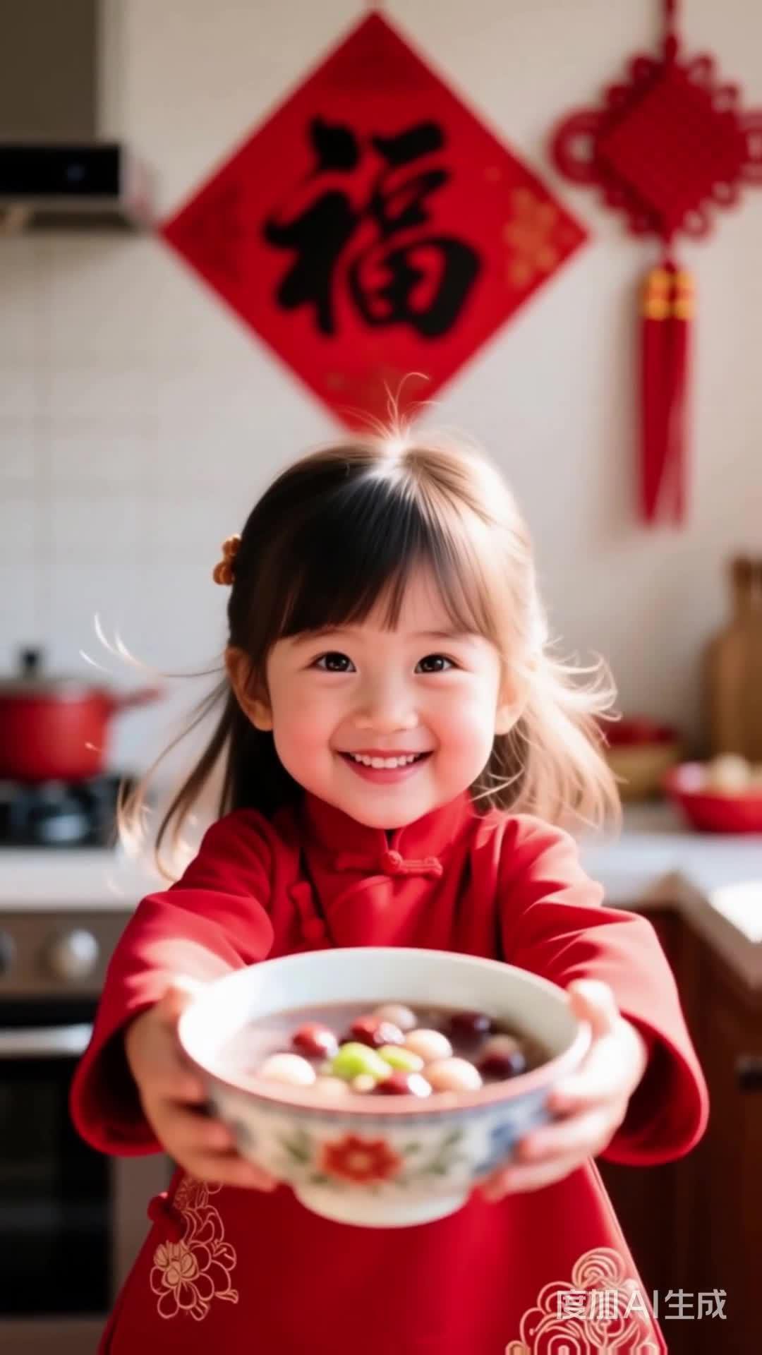 可爱的中国娃娃端着汤圆，庆祝春节的到来