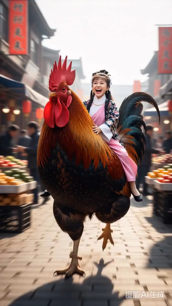 骑着大公鸡的中国姑娘