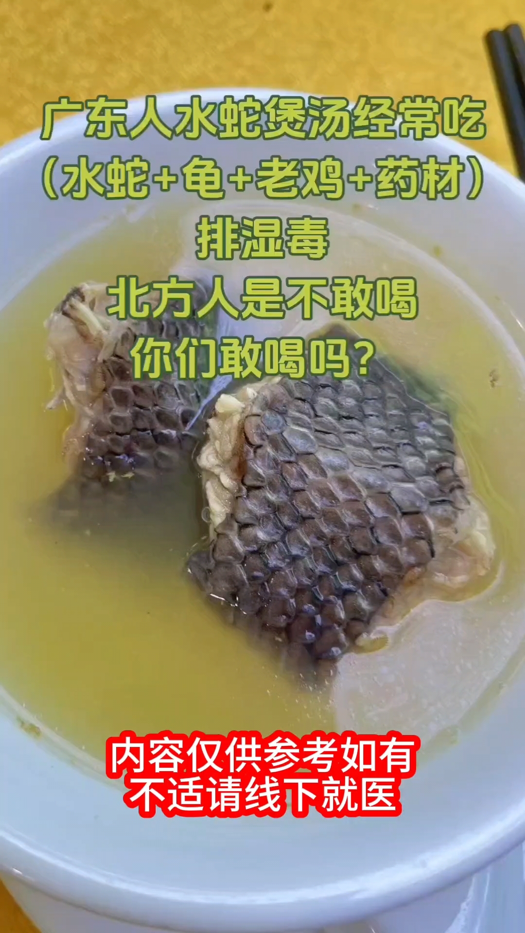 广东人水蛇煲汤经常吃(水蛇+龟+老鸡+药材)排湿毒