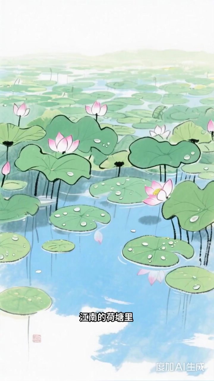 荷塘夏日趣:蜻蜓点水鱼儿戏,满池荷叶舞珍珠
