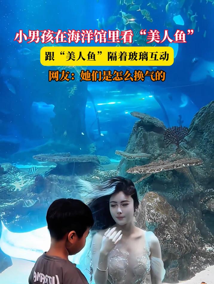 小男孩在海洋馆里看“美人鱼”,跟“美人鱼”隔着玻璃互动,网友:她们是怎么换气的