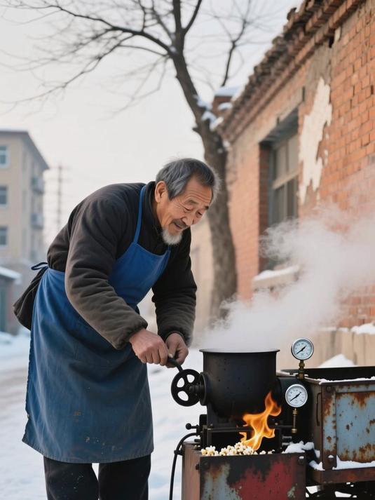老式手摇爆米花机，砰的一声炸出童年甜