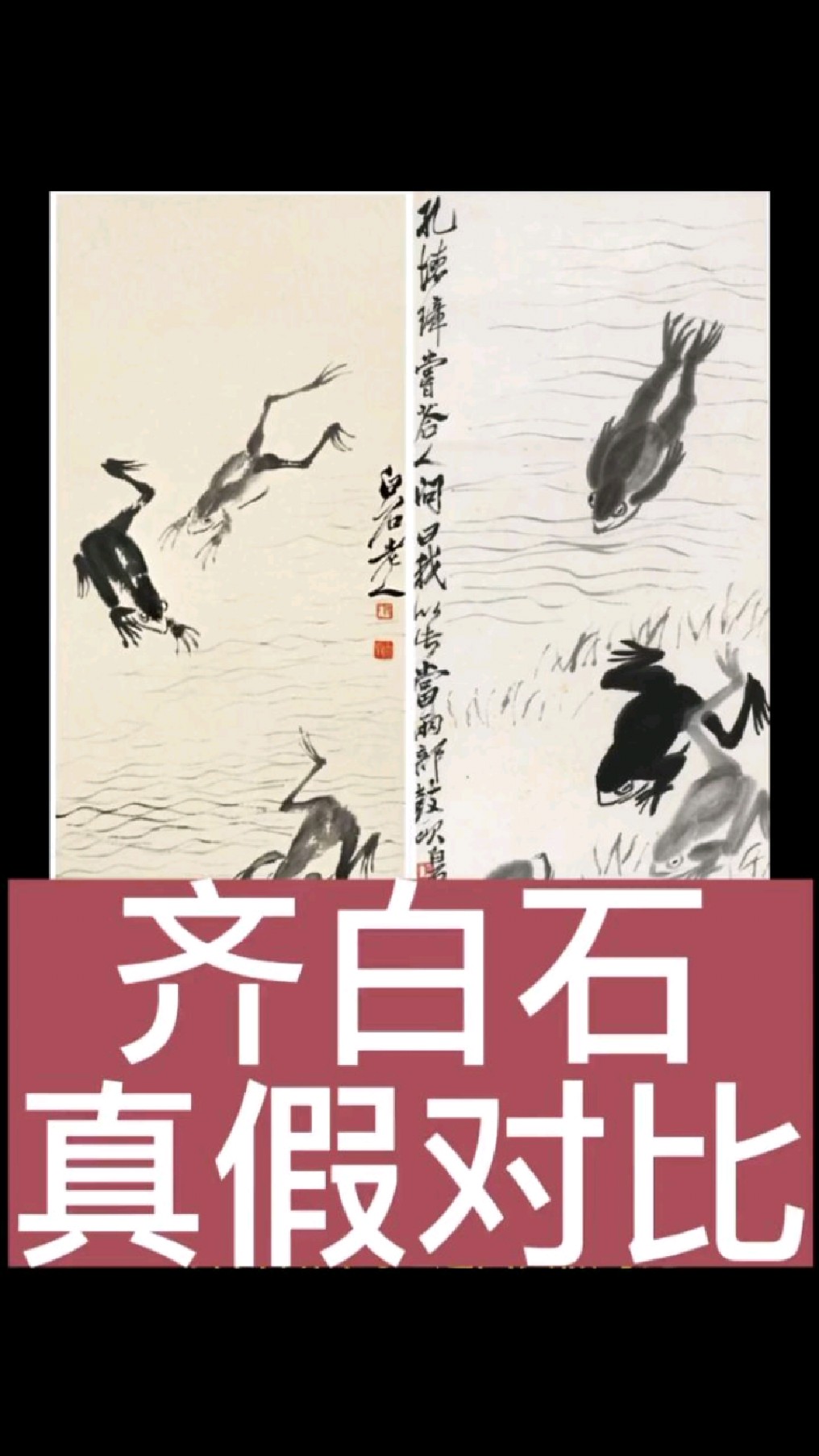 齐白石画的《蛙趣图》真假对比,你觉得哪幅是白石老人的真迹呢?