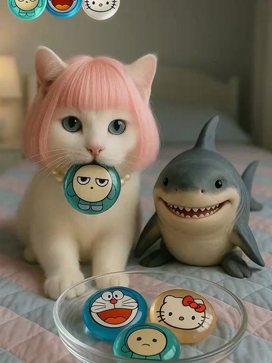 猫咪和小鲨鱼吃饭喽 #卡通##解压#