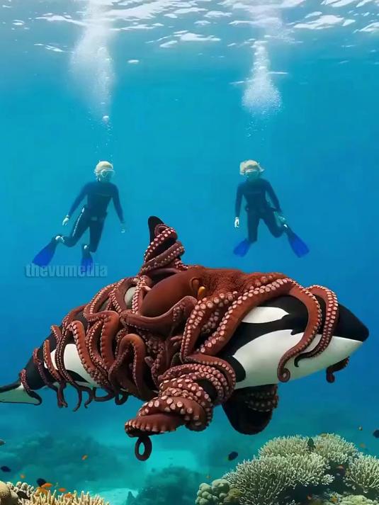 深海巨章死缠虎鲸！潜水员撕扯触手，喷墨逃亡惊心刻