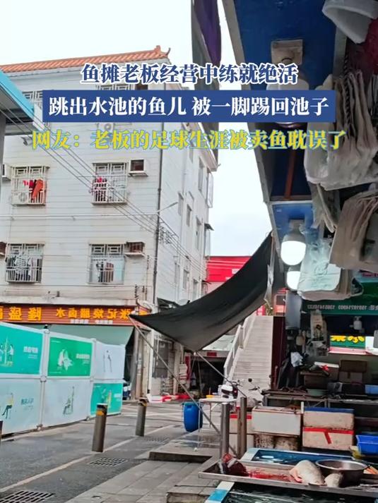 鱼摊老板经营中练就绝活,跳出水池的鱼儿,被一脚踢回池子!