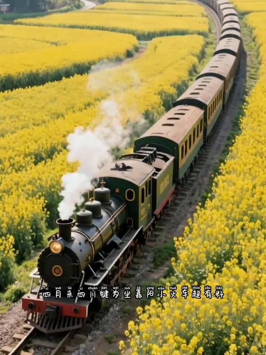 #花满春城我代言#四月来四川犍为坐嘉阳小火车超有料,正值油菜花尾期,金黄花海配复古蒸汽小火