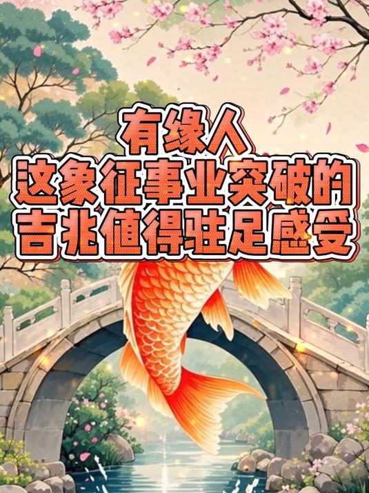 有缘人，当你看到红鲤鱼逆流跃过石桥时。这是象征事业突破的吉兆