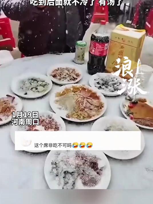 村民下雪天吃席 菜上铺满雪花 网友-这是真正的“雪花牛肉” 当事人-河南吃席 再冷也要先上