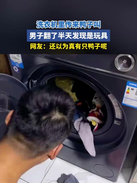 洗衣机里传来鸭子叫,男子翻了半天发现是玩具