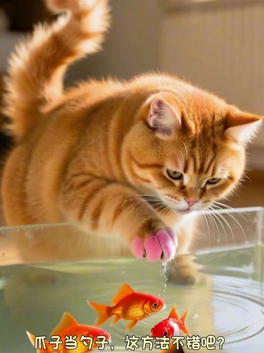 橘猫偷喝鱼缸里的水，被鱼吓得连连后退