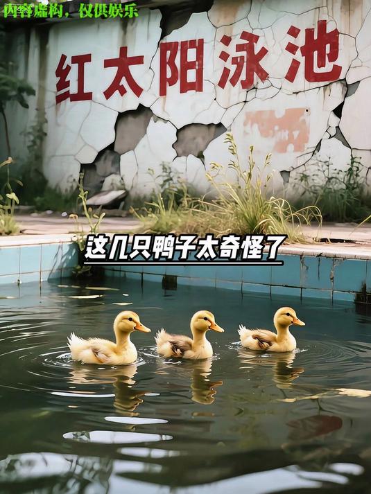 小鸭子们在废弃泳池游泳