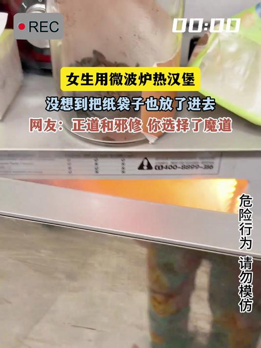 女生用微波炉热汉堡,没想到把纸袋子也放了进去