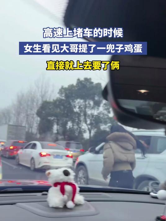 #马上就出发#高速上堵车的时候,女生看见大哥提了一兜子鸡蛋,直接就上去要了俩
