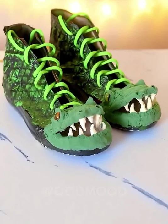 帆布鞋粘鱼皮烫孔，加黏土饰件做鳄鱼鞋