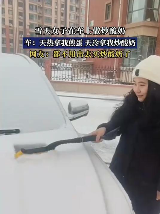 雪天女子在车上做炒酸奶,车:天热拿我煎蛋,天冷拿我炒酸奶