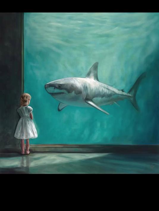 水族馆看鲨鱼的女孩油画