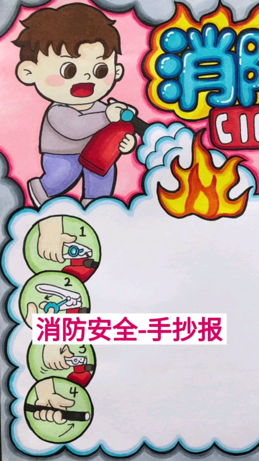 消防安全手抄报,消防知识伴我行,火灾现场要冷静,安全出口记心间