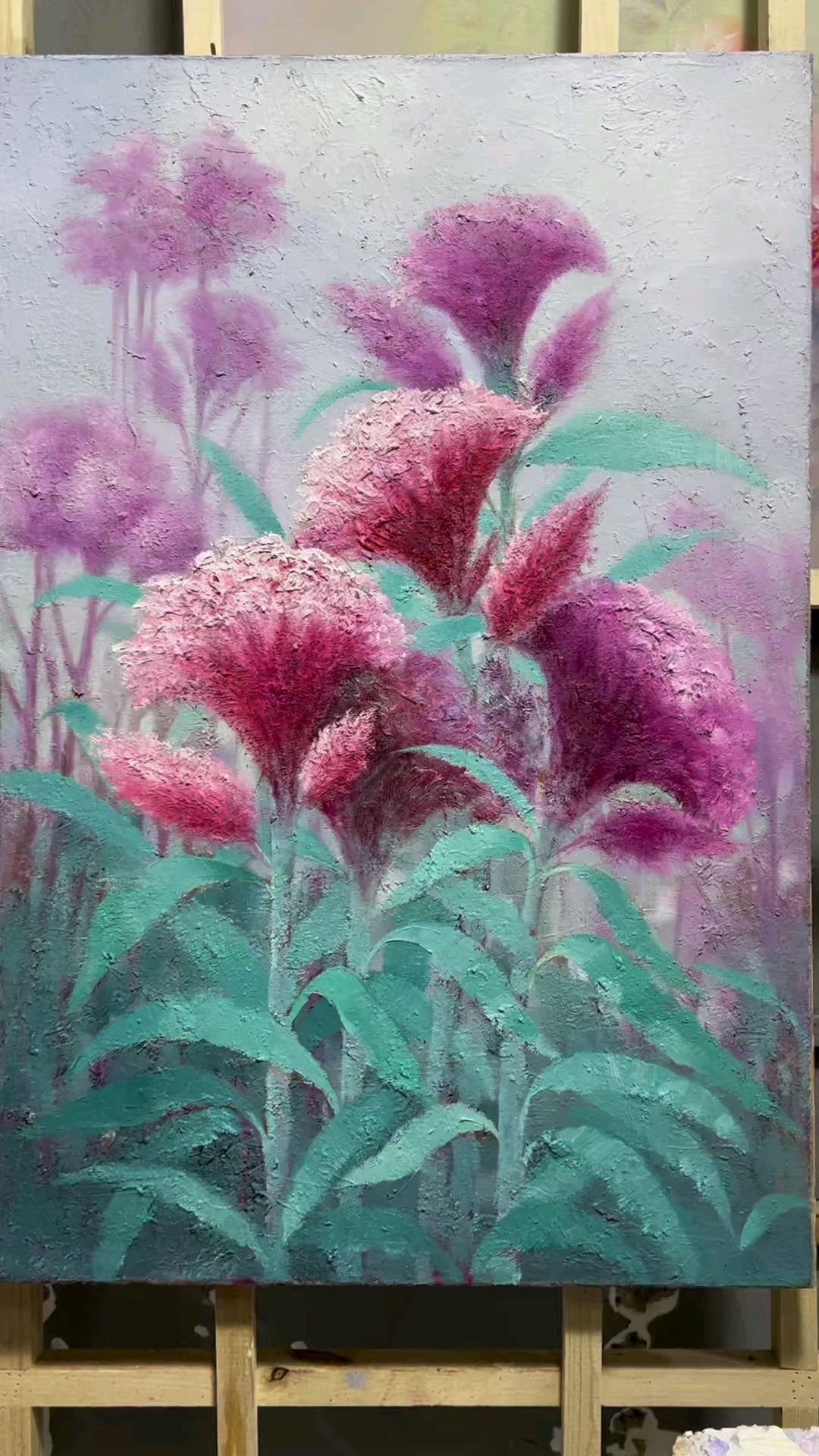 厚油鸡冠花油画