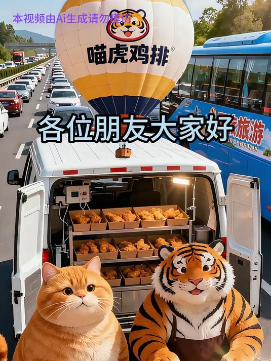橘猫胖虎高速卖鸡排,“喵虎鸡排”车超吸睛,这动物摆摊场面
