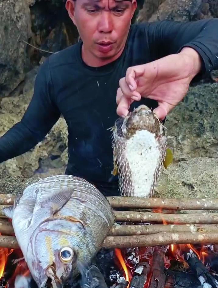 你知道国外都是如何吃河豚的吗?直接把1个完整的河豚烤着吃