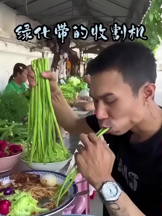 泰国人吃酸辣粉，生蔬菜做配菜直接生吃，堪称绿化带的收割机