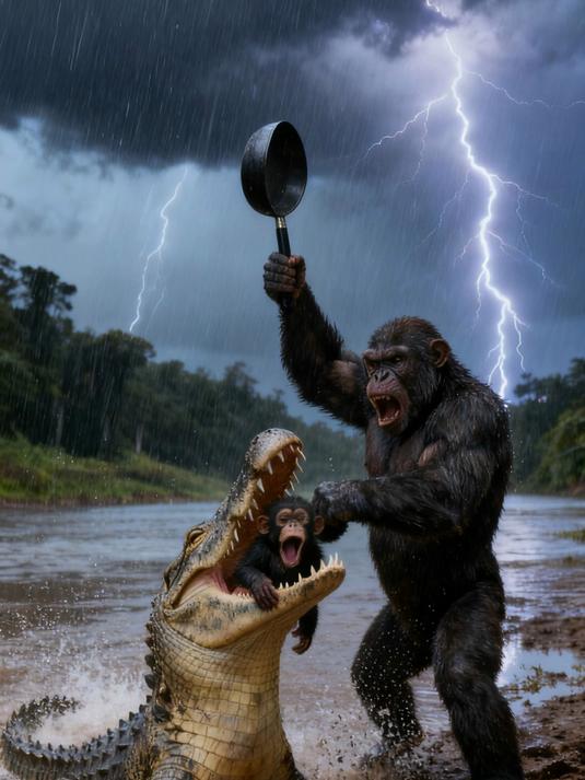 这鳄鱼真抗揍,大猩猩手持平底锅激烈大战鳄鱼