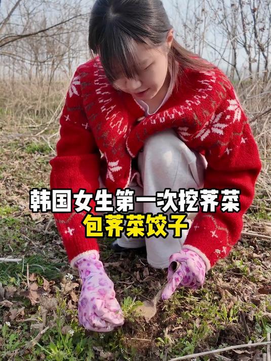 #优质视频激励计划#韩国女生第一次挖荠菜做荠菜饺子