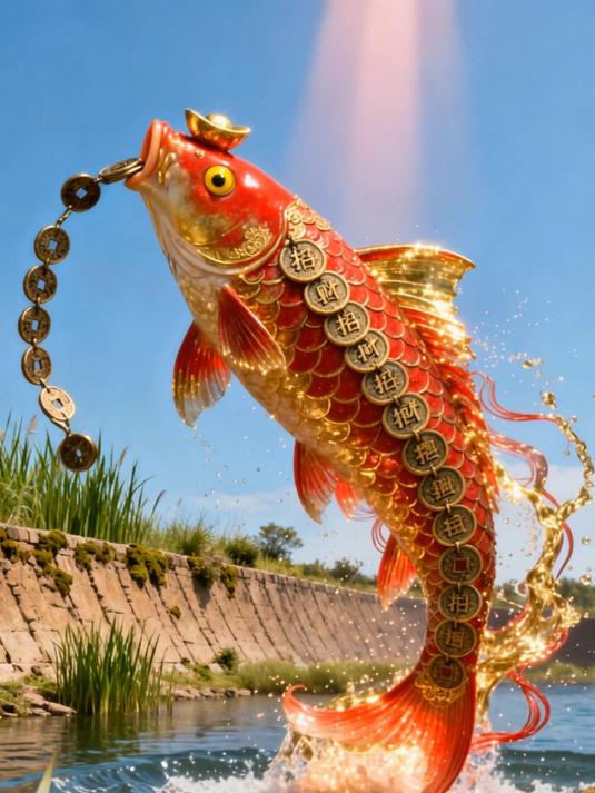 山海经十大招财兽之三钱串鱼（红鲤鱼跳龙门，又吐铜钱，接财啊）