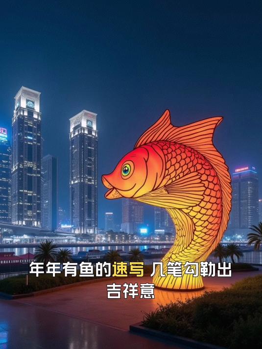 年年有鱼的速写，几笔勾勒出吉祥意