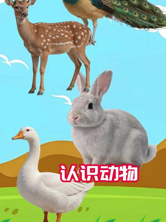 认识动物：孔雀，梅花鹿，兔子和大白鹅
