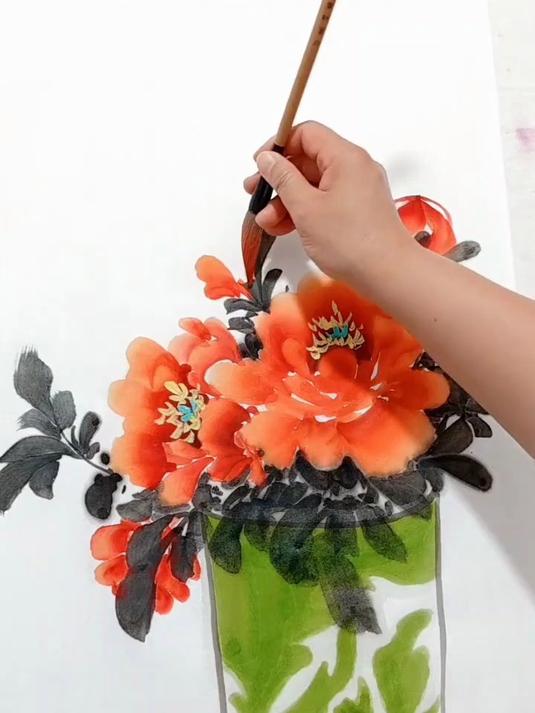 牡丹花瓶画法,这样上色简单易学