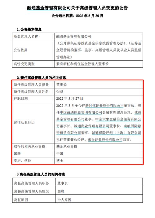 股權變更落地，張威出任融通基金董事長，今年董事長變更升至14家機構