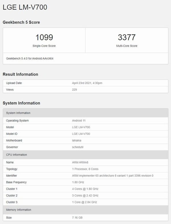 最后的旗舰！LG V70现身Geekbench：搭载骁龙888 或5月中旬发布