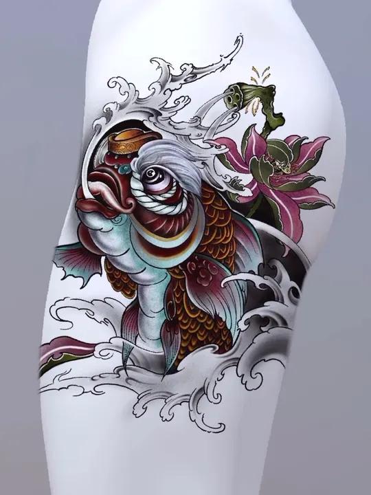 头顶元宝金鱼王!未成年禁止纹身 纹身设计 金鱼纹身手稿 大连纹身