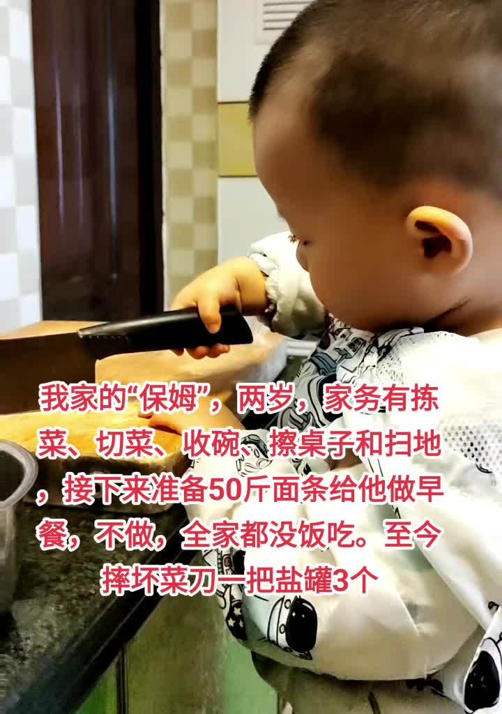 陈发琳的“保姆”,两岁,家务有拣菜、切菜、收碗、擦桌子和扫地,接下来准备50斤面条给他做早