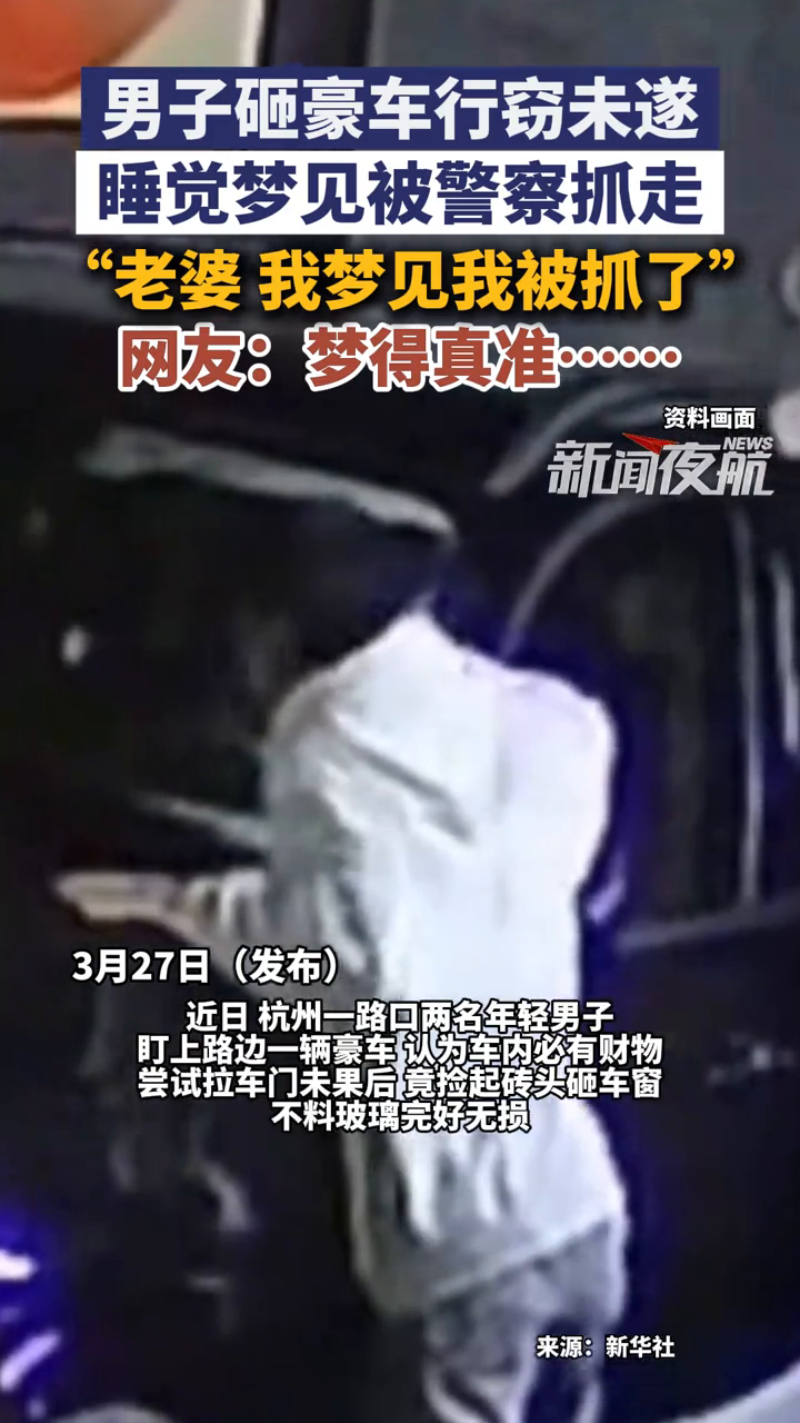 男子砸豪车行窃未遂，睡觉梦见被警察抓走，网友：梦得真准……