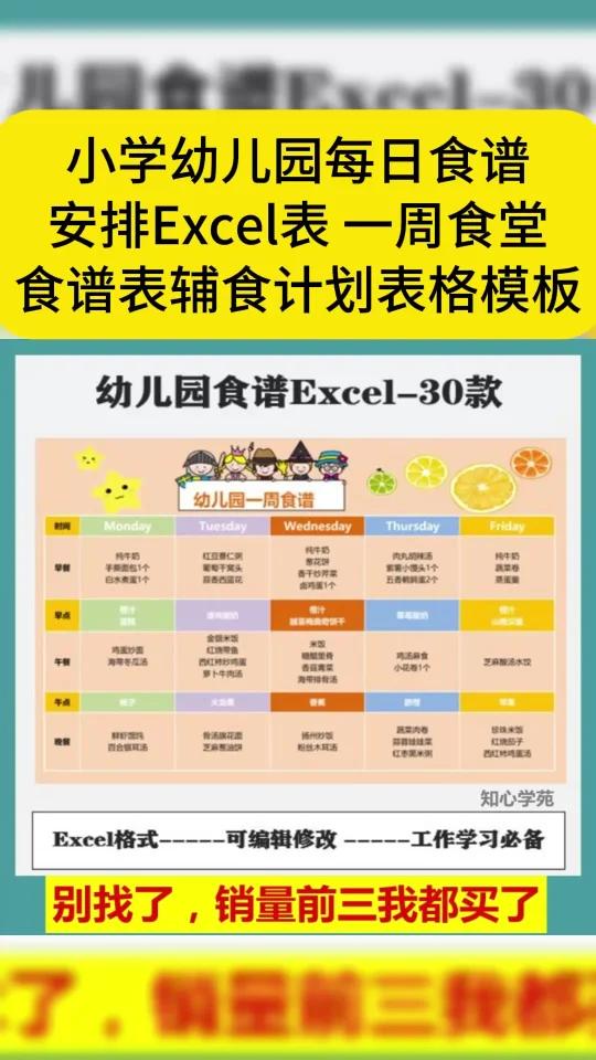 小学幼儿园每日食谱安排Excel表 一周食堂食