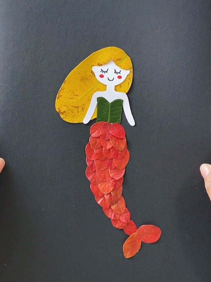 可爱的小美人鱼树叶贴画!