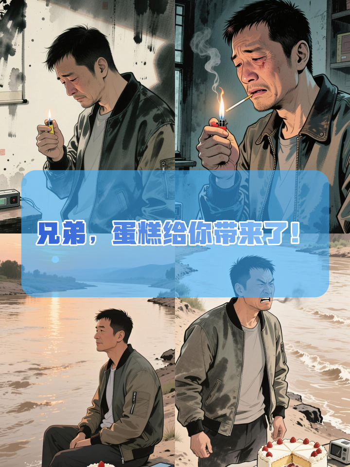 他带着蛋糕来到黄河边,给去世两年的兄弟过生日