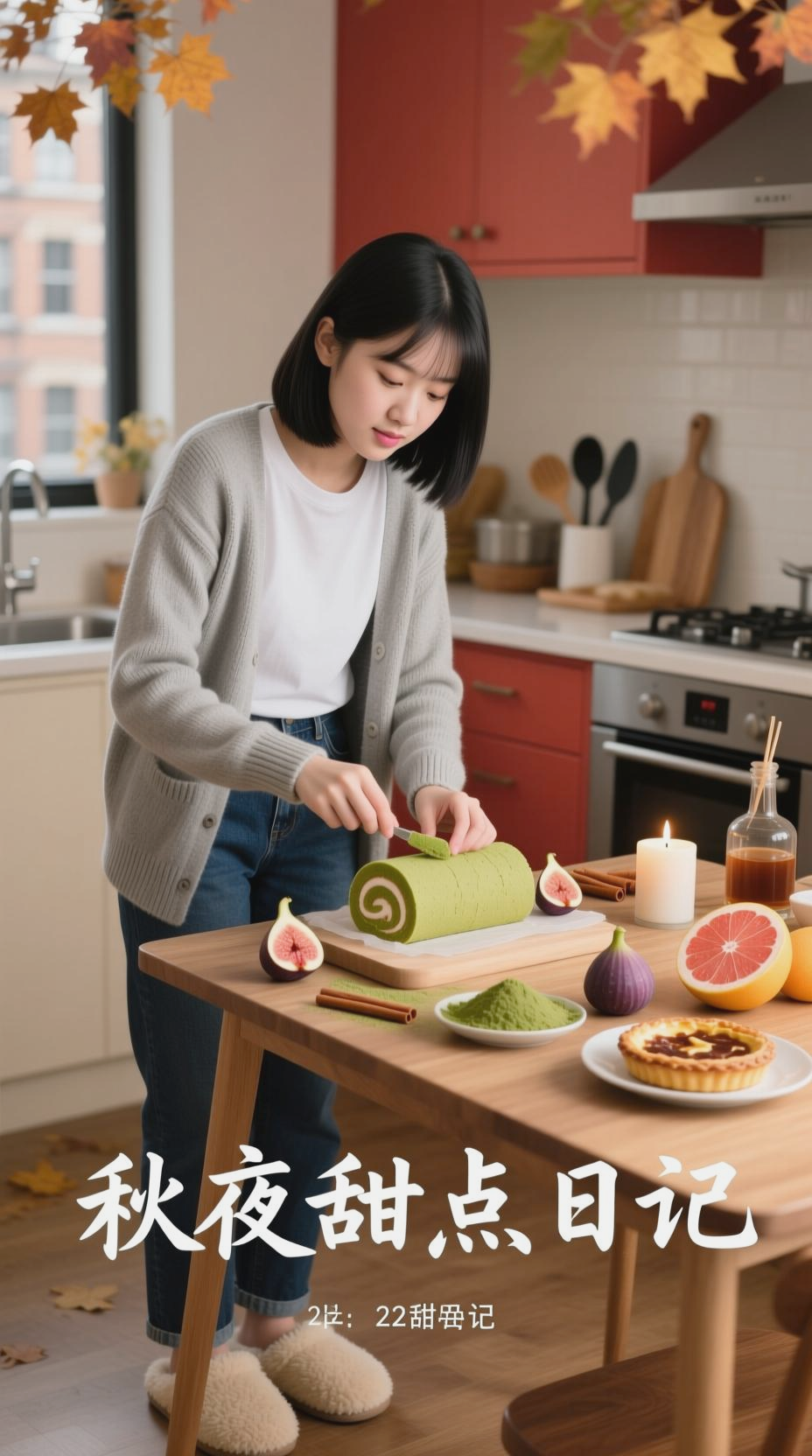 留学生独居制作抹茶柚子无花果蛋糕卷