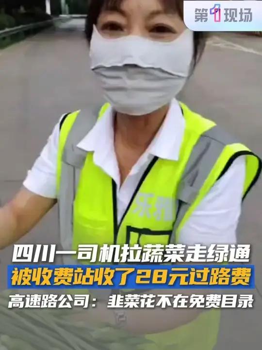 7月7日，四川乐山，网友发布视频表示：自己拉蔬菜走绿通，被收费站收了28元过路费。现场收费