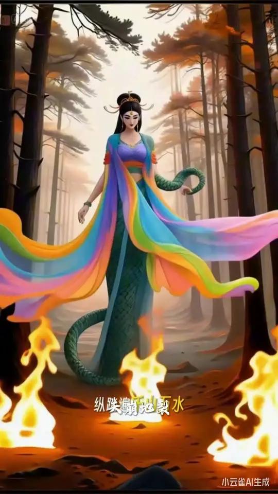  女娲含泪仰望苍穹,毅然踏上救世之路。她踏遍群山,寻得五色石:赤如朝霞,黄如金砂,青如碧玉