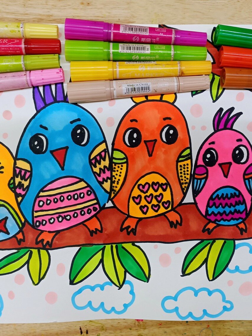小鸟一家儿童画简笔画少儿美术创意画线描