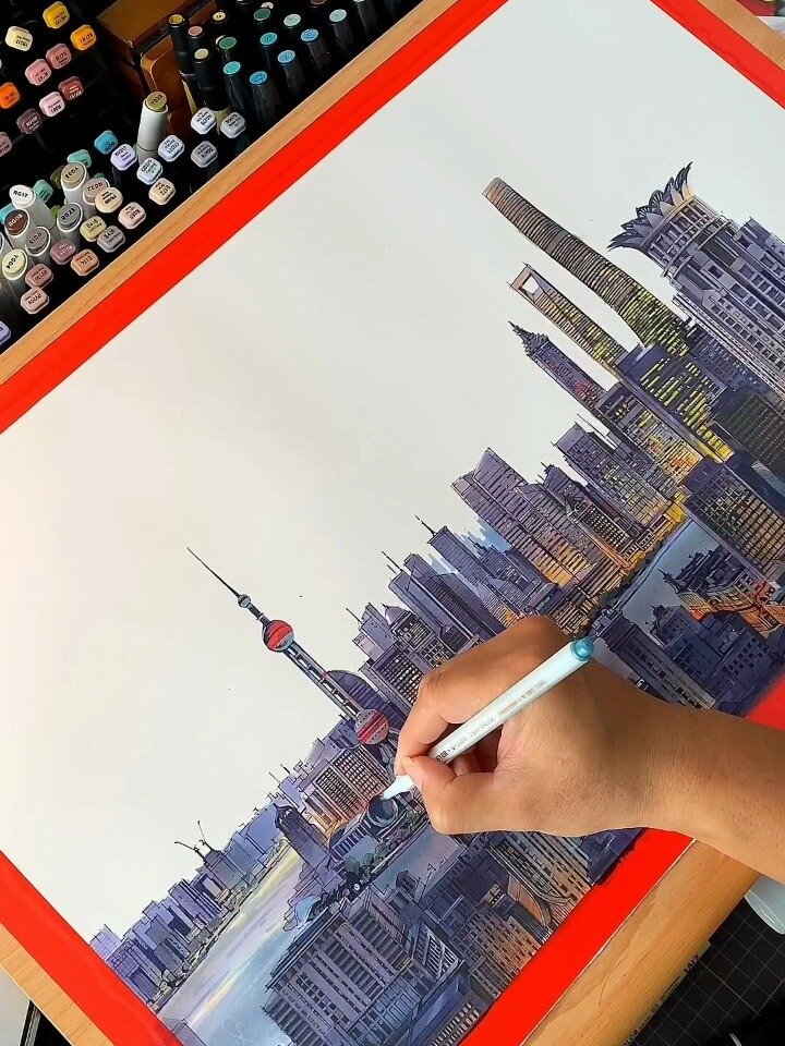 马克笔手绘《魔都》建筑手绘步骤