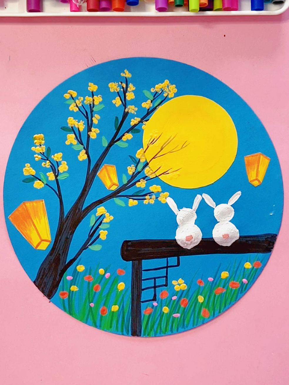 创意儿童水粉画《中秋》中秋节主题画来啦!