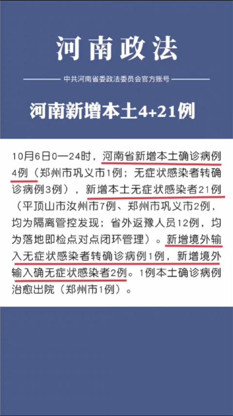 河南新增本土确诊4例无症状21例「10月6日,河南新增4例本土确诊21例本土无症状」10月